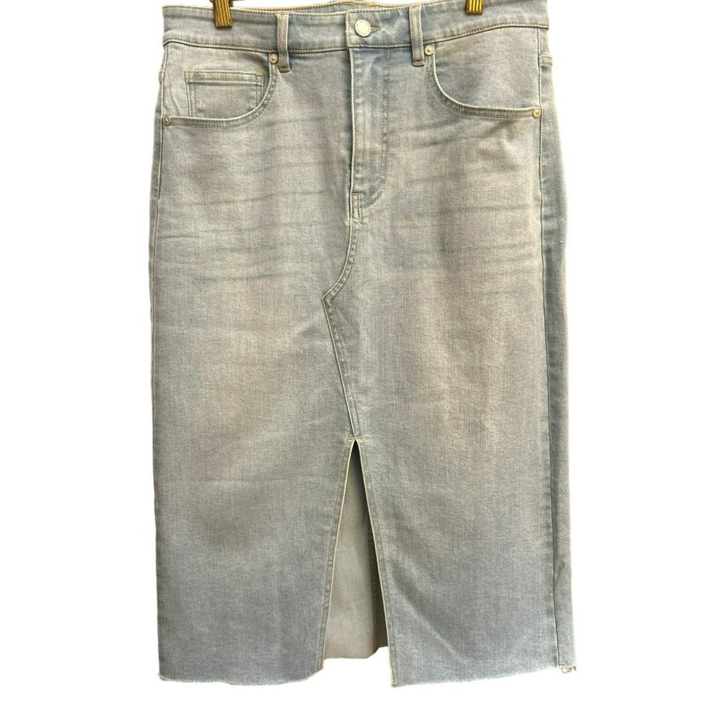 Oat Women's Light Wash Denim Jean Skirt Midi Size 8/29 Front Slit Zipper Closure